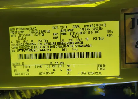 2020 Ford F-150 Raptor из США, поврежденный, VIN 1FTFW1RG2LFA84161